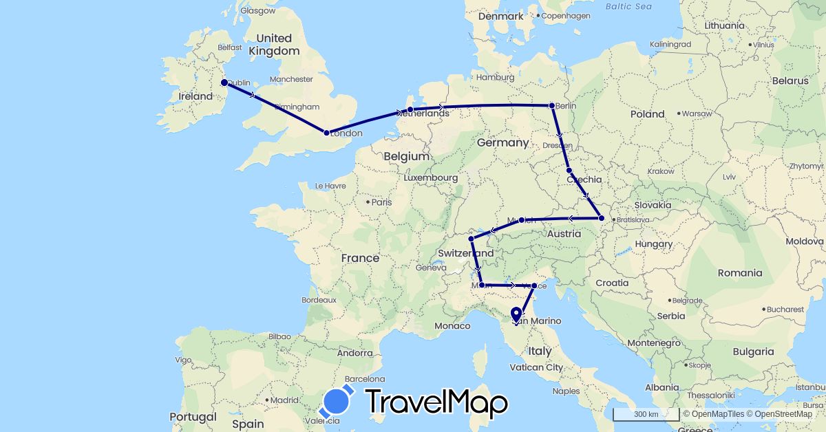 TravelMap itinerary: driving in Austria, Switzerland, Czech Republic, Germany, United Kingdom, Ireland, Italy, Netherlands (Europe)